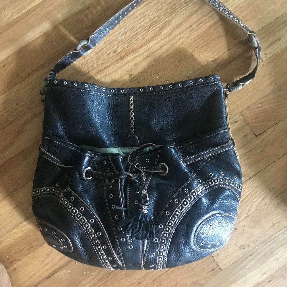 Cole Haan Village Grommet Hobo Embellished Leather Tasseled Black Bag